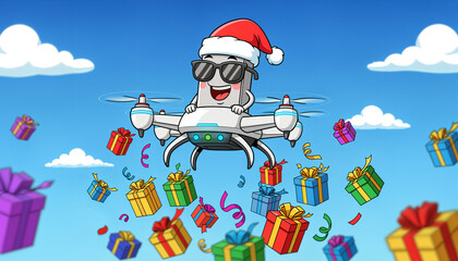 Funny cartoon USB stick in glasses and Santa hat flies a drone delivering gifts in the blue sky with falling presents