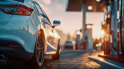 Modern car parked at a fuel station during sunset with warm lighting reflecting off the vehicle and a blurred background of other vehicles and pumps