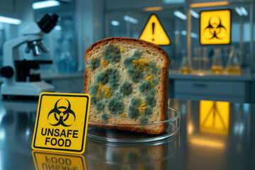 Contaminated bread sample with visible mold patterns in modern laboratory. bright yellow warning sign for unsafe food indicates serious health hazard during scientific research