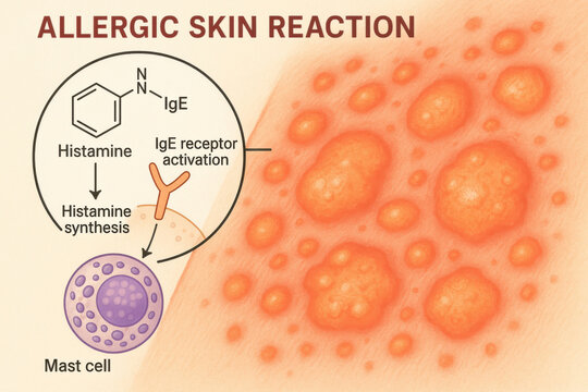 Medical graphic showing an allergic skin reaction. This illustration details mast cell and histamine process causing inflammation, common and irritating allergy response