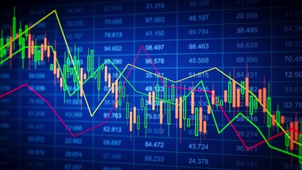 Seamless loop 3D animation of a blue financial candlestick chart with glowing bars, grid numbers, and intersecting trend lines, ideal for trading, stocks, forex, and market analysis. - Powered by Adobe