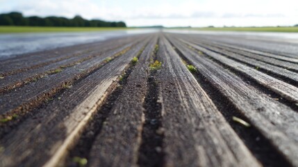 Medium shot of a grooved runway surface highlighting deep channels designed to improve water drainage and enhance aircraft traction in rainy conditions