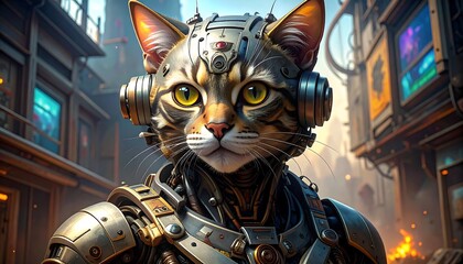 Steampunk cat with mechanical suit and headset in a cityscape with TV screens and metallic buildings
