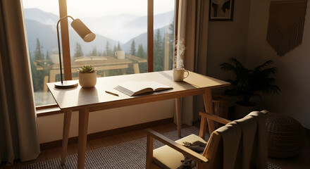 Cozy home office with mountain view and wooden desk setup