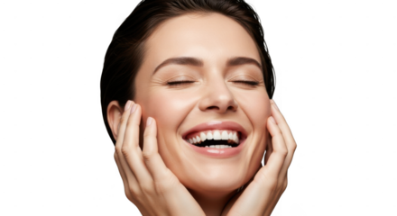 Closeup portrait of a smiling woman with her hands gently touching her face, showcasing a radiant and joyful expression isolated on transparent background