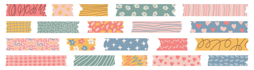 Washi tape stripes with squiggle, geometry and cute pattern. Trendy colored decorative scotch tape with torn ragged edges. Perfect for scrapbooking, collages, stickers