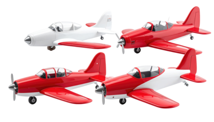 Four small, two-seated airplanes in red and white are arranged on a black background