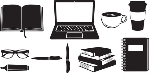 Study and work essentials black silhouette icons set