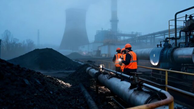 Maintenance team conducts equipment checks amidst dense fog surrounding coal power plant infrastructure emphasizing safety in low visibility conditions.