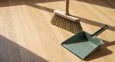 A simple broom and dustpan are neatly placed on a wooden floor, ready for spring cleaning tasks and a tidy home concept under natural light