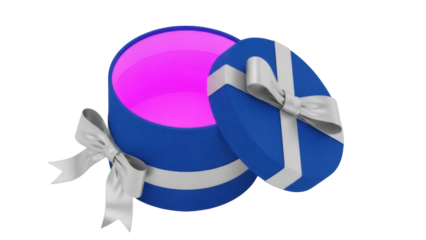 Open blue round gift box with silver ribbon isolated PNG, present container with lid for birthday or special occasion celebration