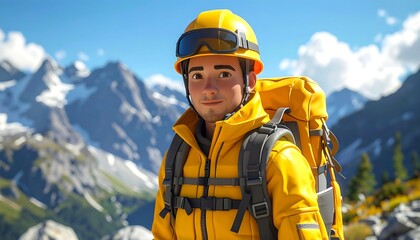 Cartoon man in yellow jacket & helmet, against snowy mountain backdrop with blue sky