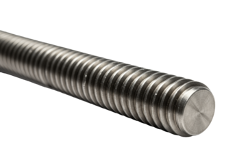 Macro photo of a polished stainless steel threaded rod on a transparent background with a subtle soft shadow. Concept of industrial precision and durability