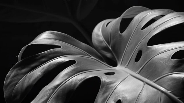 Black and white monstera deliciosa leaf slowly moving