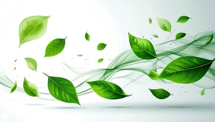 Abstract green leaves flying in wind with elegant swirls, fresh nature and ecology concept background for herbal or organic design