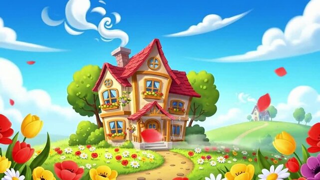 Cartoon house with flowers, blue sky, white clouds, animated background that can be loop.