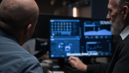 Cybersecurity professionals reviewing documents and analyzing digital data on multiple computer screens while discussing system security in dark modern office - Powered by Adobe