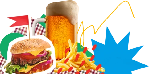 Fotobehang Ridders Bright artwork of beer glasses fries and burger on transparent background. Concept of fast food combos, pub meals, casual dining culture and food beverage advertising visuals.  © Lustre Art Group 