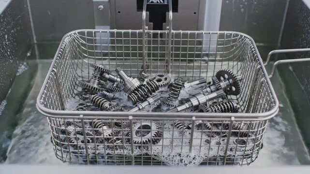 Industrial metal components being cleaned in a stainless steel ultrasonic bath with bubbling water and a metal mesh basket suspended from a machine in a bright factory setting