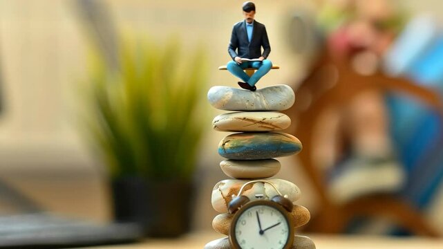 Miniature businessman meditating on stacked stones beside clock.