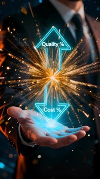 A quality cost balance optimization strategy for business management efficiency improvement performance professional hand presenting glowing arrows showing balance between quality percent and cost