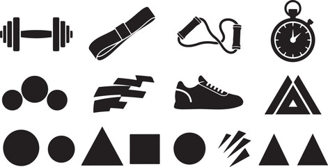 Fitness equipment and abstract shape icon set