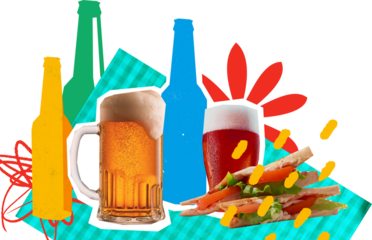 Energetic artwork of pub snacks and beer on transparent background. Concept of weekend food offers, comfort meals and cold beer visuals for bar menus and casual dining promos.