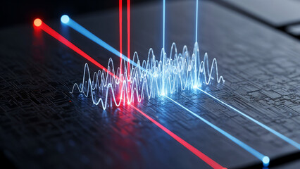 An abstract business technology illustration features a stock market graph integrated with a medical heartbeat ECG pulse line on a computer monitor to represent finance and health data concepts