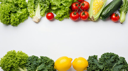 Fresh organic vegetables lettuce kale corn cucumber tomato lemon yellow bell pepper on white background