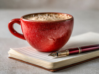 A textured red ceramic mug filled with coffee sits beside a classic red fountain pen resting on an open blank notebook on a neutral tabletop surface
