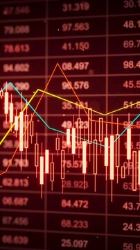 Looping 3D render of stock price candles over a dark red data board with moving line graphs, showing volatility, technical indicators, and investment analytics for business media.