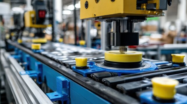 Medium shot of an AIpowered vision system scanning products on a conveyor belt for quality defects with high precision in an industrial setting.