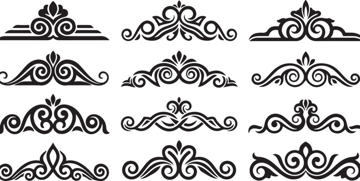 Twelve black ornate decorative scrollwork design elements