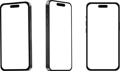 Three modern smartphone mockups with blank white screens displayed from different angles on white