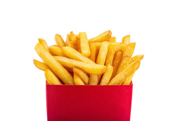 Golden french fries in a red container isolated on transparent background