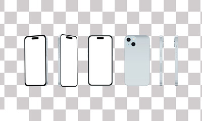 Mockup set of five modern smartphones displaying blank screens for app design presentation background