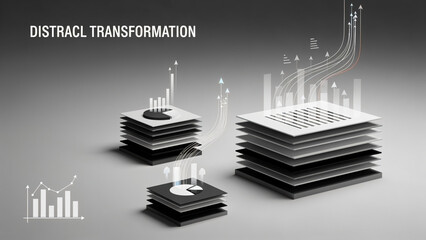 3d illustration of computer network cables and music notes over a black background with a stylized city skyline and business office buildings