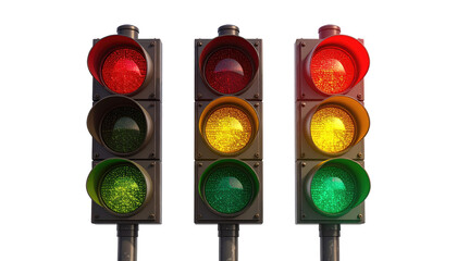 Three traffic lights, showing red, yellow, and green lights in various combinations against a black background