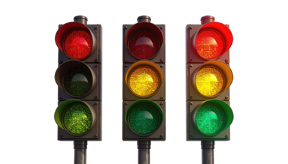 Three traffic lights, showing red, yellow, and green lights in various combinations against a black background
