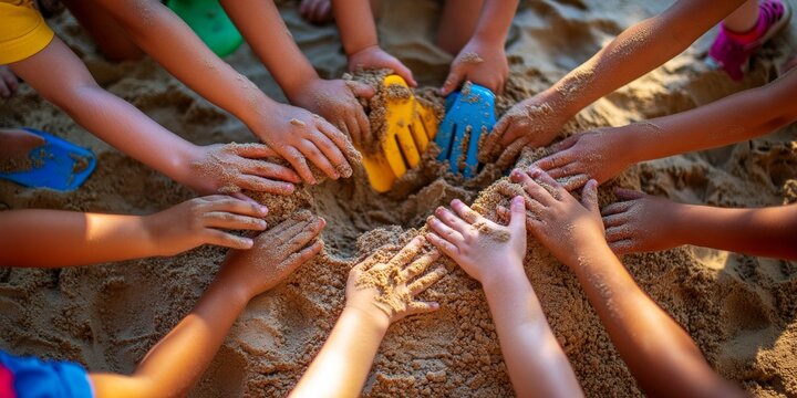 Children building sandcastle together on beach, teamwork and fun
