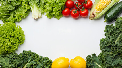 Fresh organic vegetables lettuce kale corn cucumber tomato lemon yellow bell pepper on white background