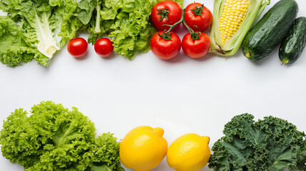 Fresh organic vegetables lettuce kale corn cucumber tomato lemon yellow bell pepper on white background