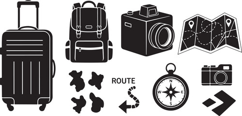 Travel gear icons for vacation planning and adventure