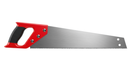 A photorealistic professional hand saw with a polished steel blade and red handle on a white studio background. Concept of carpentry and repair tools