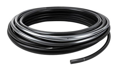 Rolled black, flexible tubing, neatly coiled on a dark background, featuring smooth, shiny surface reflections