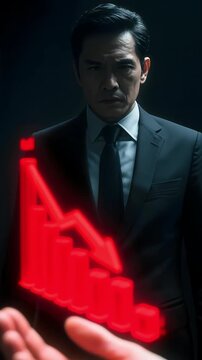 A seriou businessman dark suit low key lighting red hologram falling graph downward arrow crisi finance hand gesture warning tone futuristic hologram red chart decline downturn graph finance busin