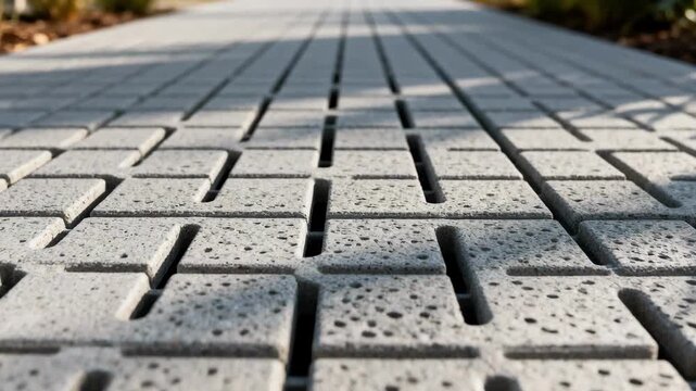 Medium shot highlighting the texture and layout of interlocking permeable paving grids for effective stormwater absorption.