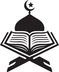 Black and white islamic icon featuring a quran and mosque dome