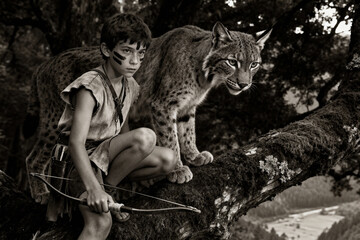 A feral boy with a bow and his lynx companion watch from a tree. A timeless, monochrome concept of wilderness, friendship, and survival.