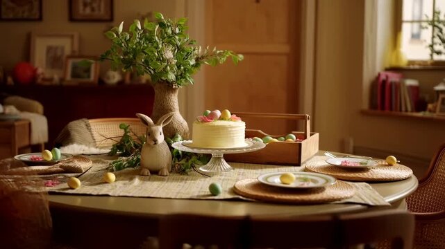 Easter dinner table with festive cake and bunny decoration